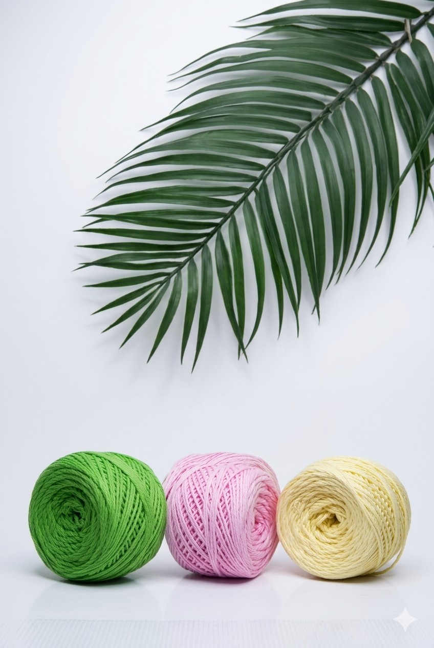 Colorful yarn balls with palm leaf