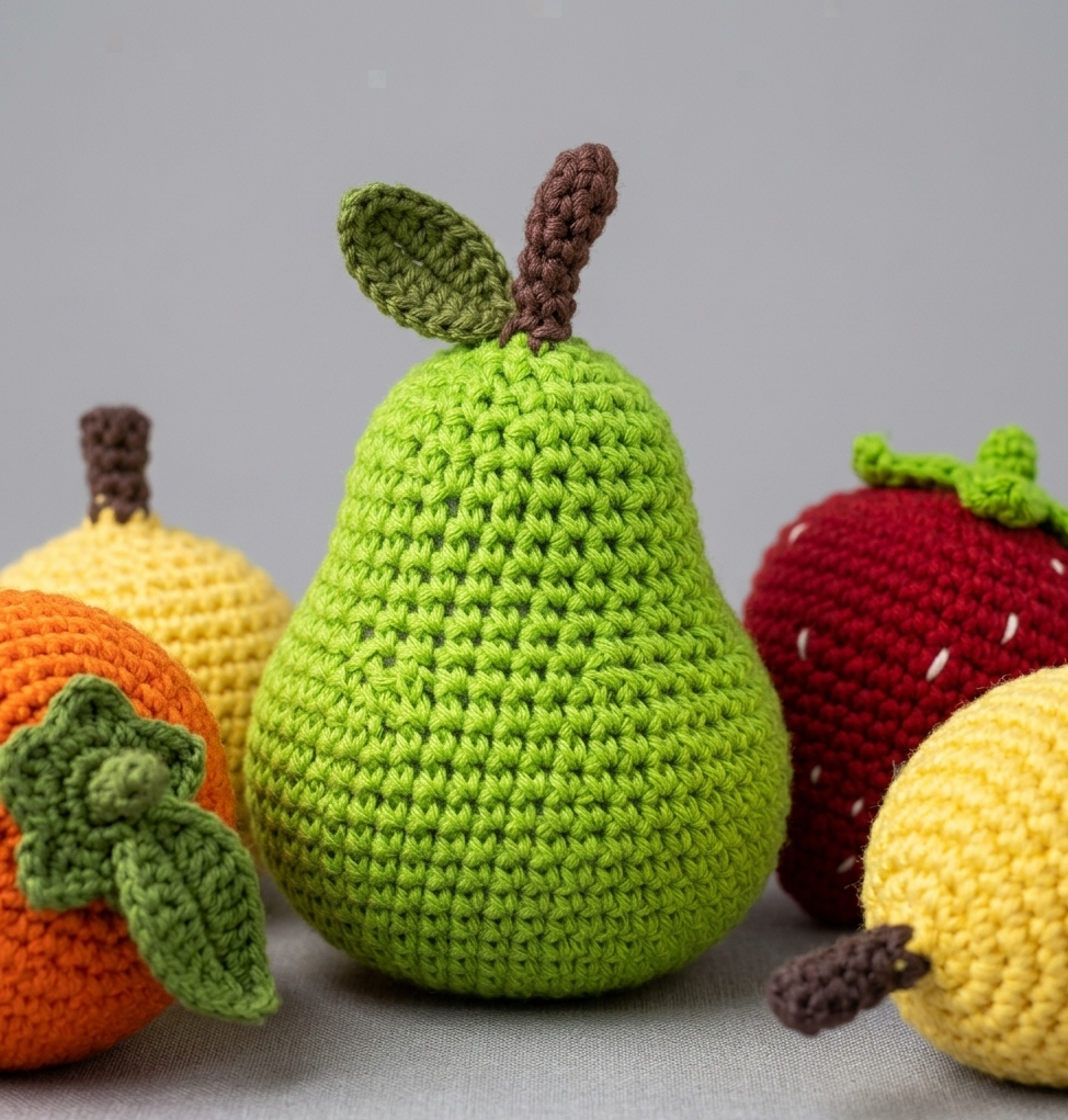 Crocheted fruit figures in vibrant colours